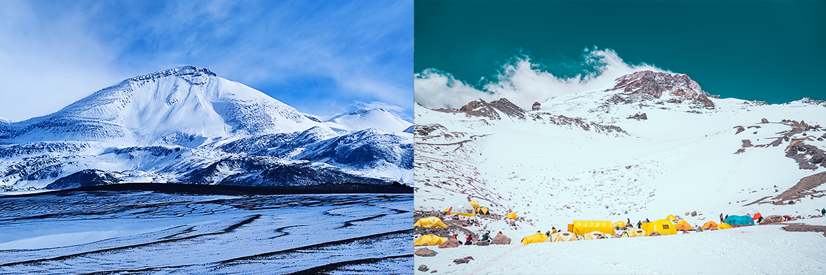 Una vista comparativa del Aconcagua a la izquierda y el Ojos del Salado a la derecha, mostrando el contraste entre la cordillera rocosa y el altiplano desértico.