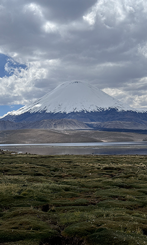 El cono perfecto del volcán Parinacota reflejado en el lago Chungará.