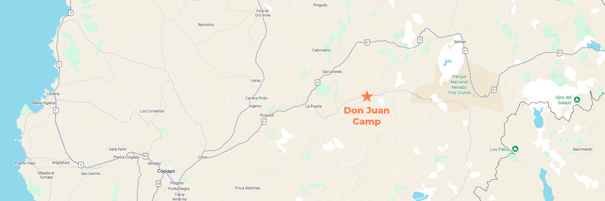 Map of the route to Ojos del Salado highlighting Don Juan sector.