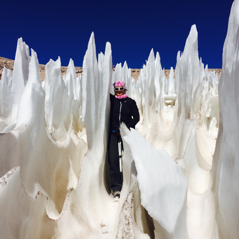 Close-up detail of sharp ice blades known as penitentes in the Andes