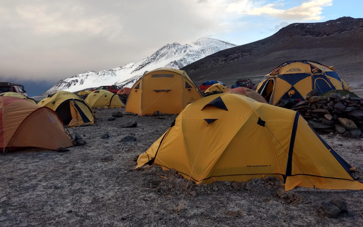 High-altitude expedition tents set up at Atacama Camp during the Ojos del Salado 14-day climb.
