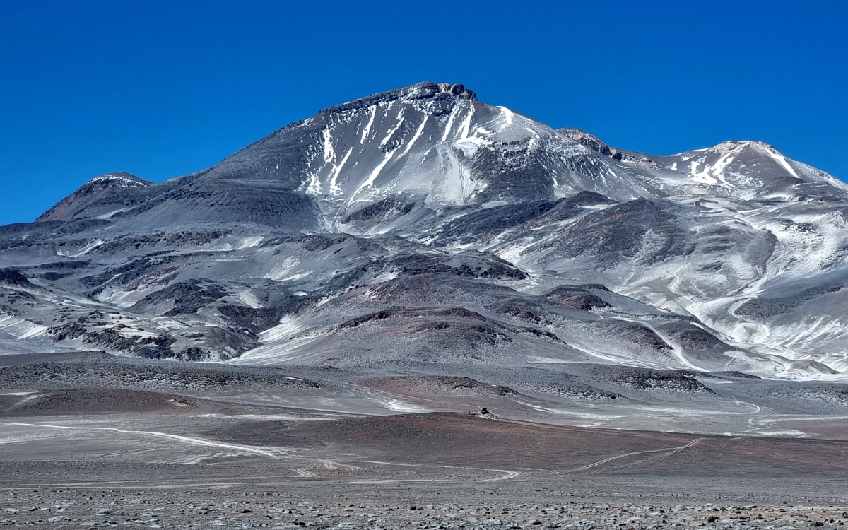 Panoramic view of Ojos del Salado, the highest volcano in the world, during the 14-day expedition.