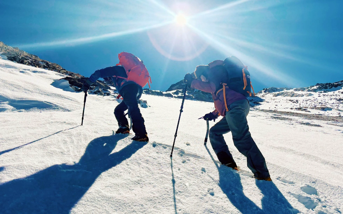 Mountaineers reaching the summit slope of Ojos del Salado, the highest volcano in the world, during the 14-day expedition.